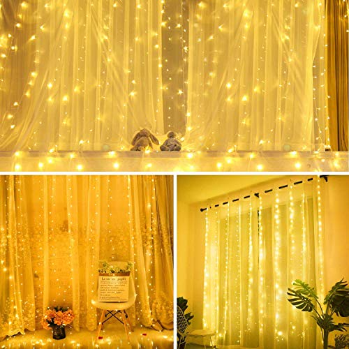 SUNNEST Cadena de luces navideñas de 300 LED con 8 modos de iluminación, luces con control remoto, con USB, para dormitorio, fiesta, boda, hogar, jardín, decoración de pared, (blanco cálido)