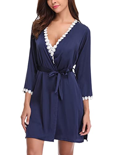 Swagwi Batas Sexys Mujer Satén Encaje 2 Piezas Camisón Sexy con Bata para Mujer Ropa de Dormir Dama de Honor Conjunto de Pijama Seda Kimono Bata Robe de Baño,Azul Oscuro,L