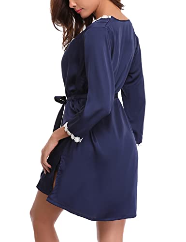 Swagwi Batas Sexys Mujer Satén Encaje 2 Piezas Camisón Sexy con Bata para Mujer Ropa de Dormir Dama de Honor Conjunto de Pijama Seda Kimono Bata Robe de Baño,Azul Oscuro,L