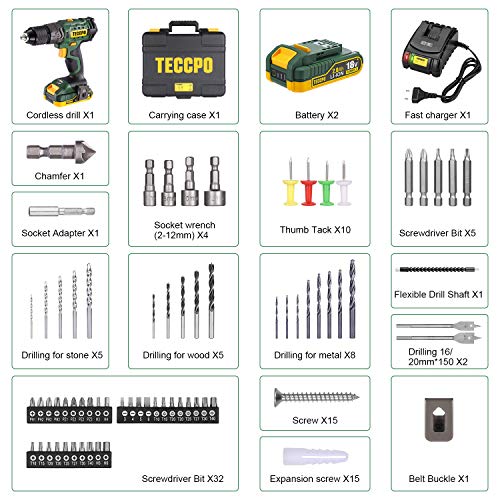 Taladro Atornillador 18V, TECCPO Taladro Percutor a Batería, 105PCS accesorios, 2 Baterías 2.0Ah, 2 Velociadades ajustables, Par 45N.m, 21+3 Ajuste de par, con Cargador, Caja Compacta-BHD700B