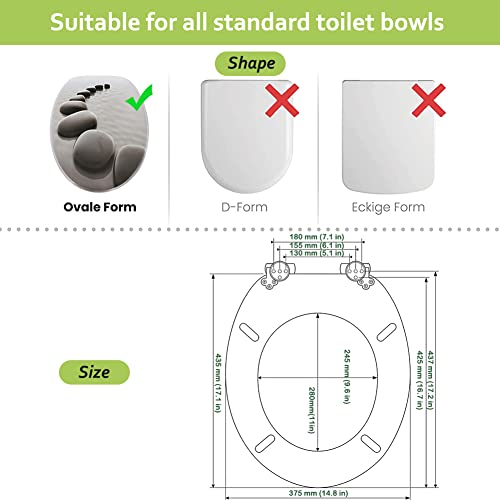 Tapa de WC, SINOBATH Asiento para Inodoro Universal Cierre Suave Lento de Madera, Alta Calidad y Muchos Motivos, Montaje Fácil, Bisagras Ajustables(Piedra negra)