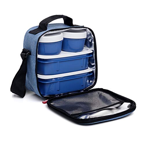 Tatay Urban Food Casual, Bolsa Térmica Porta Alimentos, 3L de Capacidad, con 4 Tuppers Herméticas (2 x 0.5L, 2 x 0.2L), Color Denim Blue. Medidas 22.5 x 10 x 22 cm