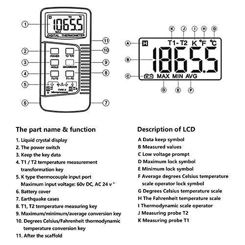 Termómetro Digital de Doble Canal -58 ~ 2498˚C con Dos Termopares Tipo K LCD Retroiluminado Detección de Diferencia de Temperatura Pilas Incluidas para Termopar K / J / T / E / R / S / N