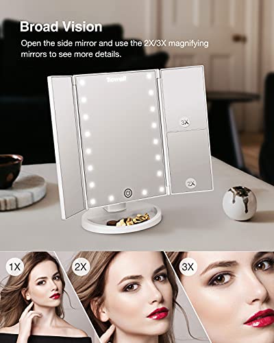 TICWELL Essential Espejo de Maquillaje con Luces Espejo Triple con luz de tocador 1x 2X 3 aumentos, Espejo Triple con Control táctil Ajustable con 21 Luces LED, Rotación de 180 ° Portátil