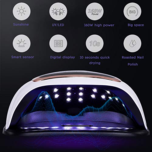 Tonsooze 168W Lampara LED Uñas Profesional Secador de Uñas LED UV Lampara Uñas Gel Semipermanentes Maquina Uñas Luz UV Nail Lamp con Sensor Automatico,4 Temporizadores para Manicura y Pedicura