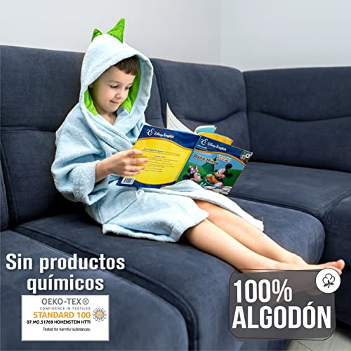 Twinzen Albornoz de Baño Dinosaurio Niño y Niña - Talla 1 - 12 Años (86-152 cm) - Bata Certificado OEKO-TEX® Sin Productos Químicos - 100% Algodón