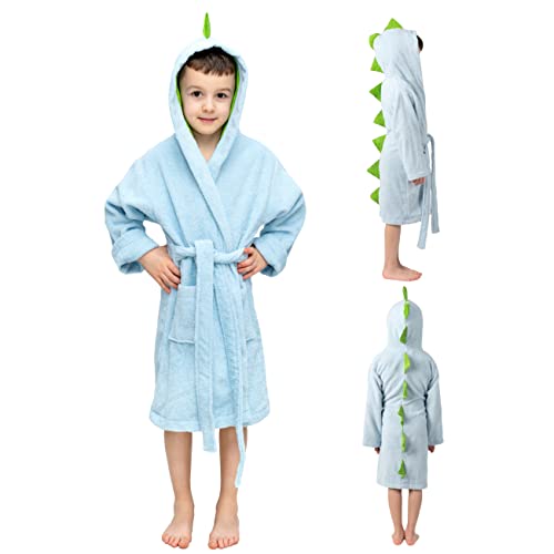 Twinzen Albornoz de Baño Dinosaurio Niño y Niña - Talla 1 - 12 Años (86-152 cm) - Bata Certificado OEKO-TEX® Sin Productos Químicos - 100% Algodón