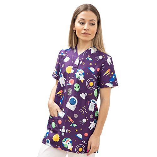 Uniforme Sanitario Mujer Ropa Trabajo Pijama Medico Casaca Enfermera Estetica Peluqueria Veterinaria Hospital Limpieza y Empleada Hogar Antilejía y No Destiñe - Casaca Vida Espacial Mujer M