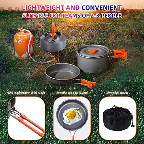 Utensilios Cocina Camping Kit Liviano Sartenes y Ollas Antiadherente con Hervidor, 2 Plegable Copas, 2 Platos Llanos/Cuchara/Tenedor/Cuchillo para Acampada Excursión Escalada Senderismo