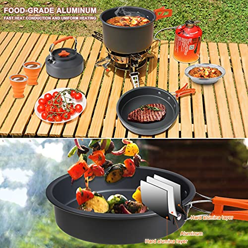 Utensilios Cocina Camping Kit Liviano Sartenes y Ollas Antiadherente con Hervidor, 2 Plegable Copas, 2 Platos Llanos/Cuchara/Tenedor/Cuchillo para Acampada Excursión Escalada Senderismo