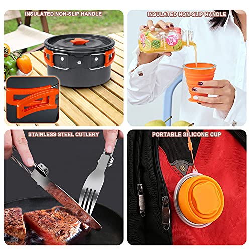 Utensilios Cocina Camping Kit Liviano Sartenes y Ollas Antiadherente con Hervidor, 2 Plegable Copas, 2 Platos Llanos/Cuchara/Tenedor/Cuchillo para Acampada Excursión Escalada Senderismo