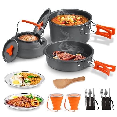 Utensilios Cocina Camping Kit Liviano Sartenes y Ollas Antiadherente con Hervidor, 2 Plegable Copas, 2 Platos Llanos/Cuchara/Tenedor/Cuchillo para Acampada Excursión Escalada Senderismo