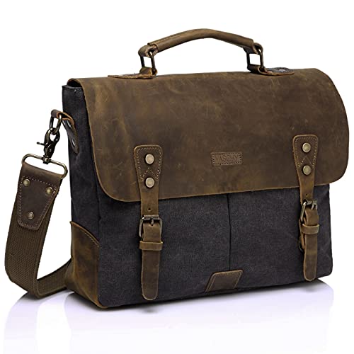 VASCHY Bolso Hombre, Bolsos Bandolera Hombre Lona Cuero Bolsa Mensajero Vintage Maletas para Ordenador 14 Pulgadas Maletin Caballero Escuela Trabajo Gris