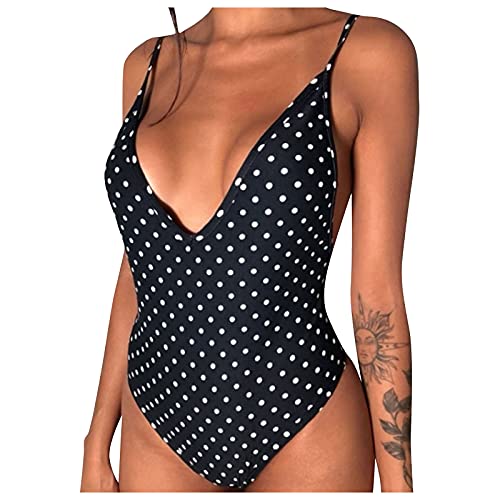 VCAOKF Traje de baño sexy para mujer con estampado de verano, estilo informal, cuello en V, una pieza, bikini, traje de baño, tallas S, M, L, XL Negro XL