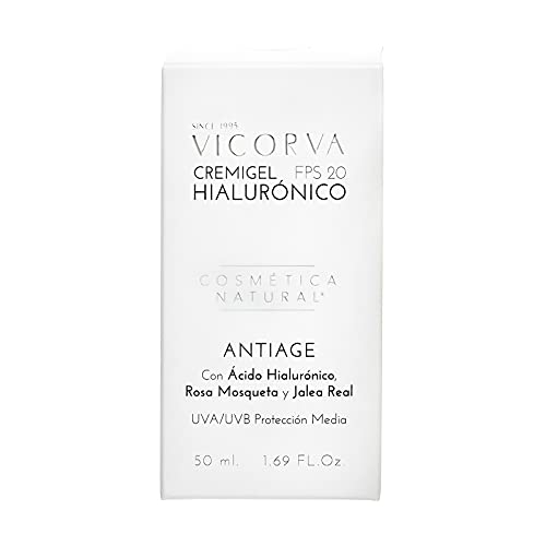 VICORVA CREMIGEL HIALURÓNICO FPS 20 | Antiage Facial con Ácido Hialurónico, Rosa Mosqueta y Jalea Real | Para pieles mixtas y grasas | Protección Solar UVA/UVB Media | 50ml