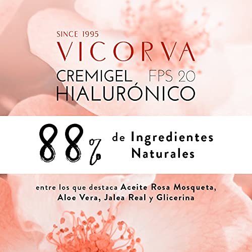 VICORVA CREMIGEL HIALURÓNICO FPS 20 | Antiage Facial con Ácido Hialurónico, Rosa Mosqueta y Jalea Real | Para pieles mixtas y grasas | Protección Solar UVA/UVB Media | 50ml