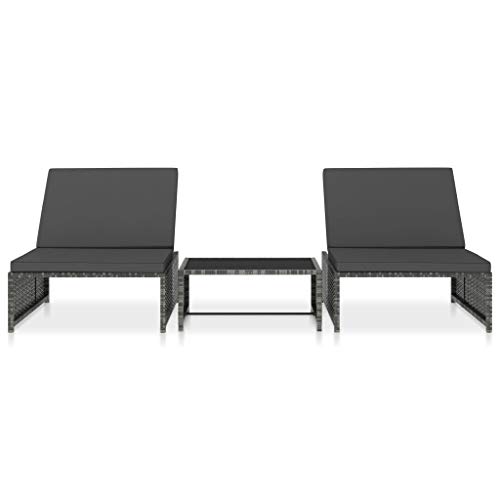 vidaXL 2X Tumbonas con Mesita Sofá Exterior Terraza Mueble Reclinable de Tomar el Sol Café Sillón Tumbona de Patio Balcón Ratán sintético Gris