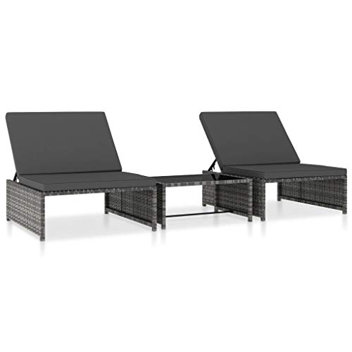 vidaXL 2X Tumbonas con Mesita Sofá Exterior Terraza Mueble Reclinable de Tomar el Sol Café Sillón Tumbona de Patio Balcón Ratán sintético Gris