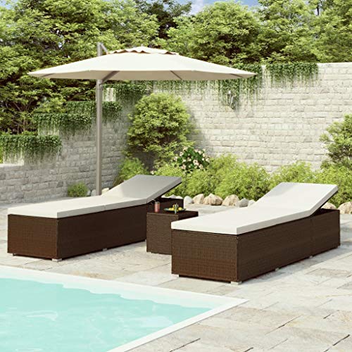 vidaXL Tumbonas de Jardín y Mesita 3 Piezas Hamacas Chaise Lounge Sillón Reclinable Cama Salón Mesa de Té Muebles Exterior Ratán Sintético Marrón