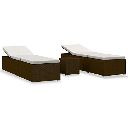 vidaXL Tumbonas de Jardín y Mesita 3 Piezas Hamacas Chaise Lounge Sillón Reclinable Cama Salón Mesa de Té Muebles Exterior Ratán Sintético Marrón