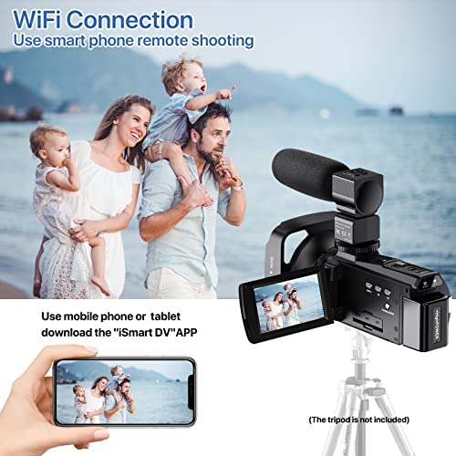 Videocámara 4K Ultra HD 48MP Camara,WiFi IR Visión Nocturna Camara Video,Zoom Digital 16X 3.0 IPS Pantalla Táctil Giratoria De 270 °Youtube cámara con Micrófono,Estabilizador,Control Remotol