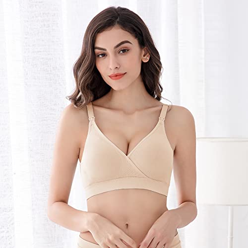 Vinfact Sujetador Lactancia De 3 Piezas para Mujer, Sujetador Premama Sin Aros Comodos, Sujetadores para Dormir Sin Costuras, DiseñO Sexy con Cuello En V, Contiene Extensor-XXL,Negro/Carne/Gris