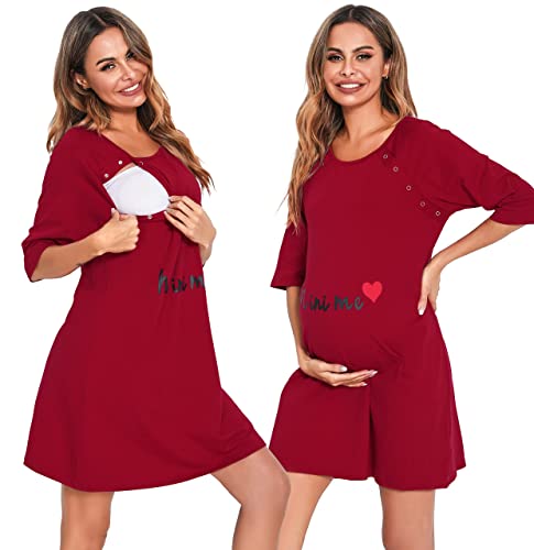 Vlazom Camisón de Lactancia para Mujer, Premamá Camisón de Lactancia de Algodón, Camisón de Labor de Manga 3/7 para Hospital / Hoga(Rojo,S)