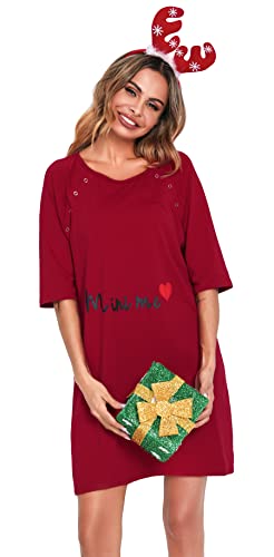 Vlazom Camisón de Lactancia para Mujer, Premamá Camisón de Lactancia de Algodón, Camisón de Labor de Manga 3/7 para Hospital / Hoga(Rojo,S)