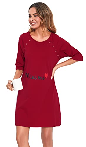 Vlazom Camisón de Lactancia para Mujer, Premamá Camisón de Lactancia de Algodón, Camisón de Labor de Manga 3/7 para Hospital / Hoga(Rojo,S)