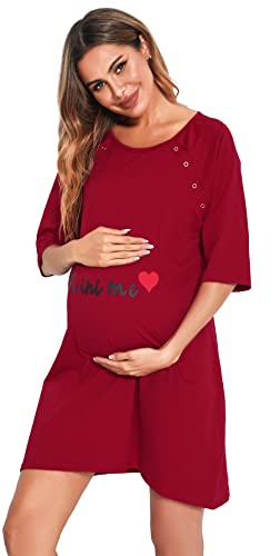 Vlazom Camisón de Lactancia para Mujer, Premamá Camisón de Lactancia de Algodón, Camisón de Labor de Manga 3/7 para Hospital / Hoga(Rojo,S)