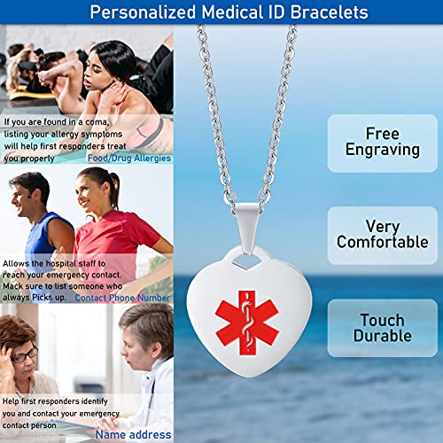 VNOX Collar Pendiente de la identificación de la identificación médica del corazón del Acero Inoxidable con la Cadena de Plata de la Calidad,Grabado Libre