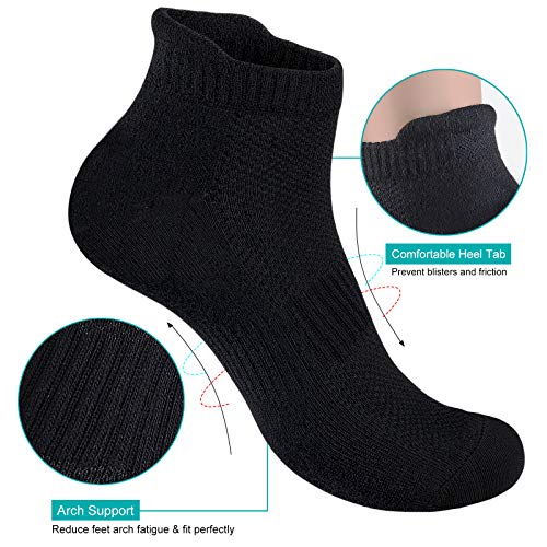 VoJoPi 5 Pares Calcetines Running Hombre, Calcetines Deporte Tobilleros con Anti-Rozaduras, Calcetines Algodon Transpirables para Fitness, Maratón, Tenis 39-46, Negro