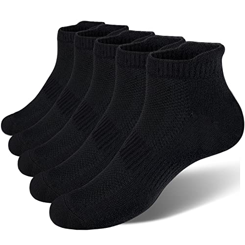 VoJoPi 5 Pares Calcetines Running Hombre, Calcetines Deporte Tobilleros con Anti-Rozaduras, Calcetines Algodon Transpirables para Fitness, Maratón, Tenis 39-46, Negro