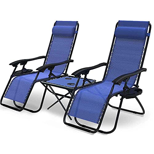 VOUNOT Set de 2 Tumbona Jardín Exterior Plegable con Mesa Auxiliar Portavasos, Silla Reclinable con Reposacabeza Extraíble, Carga Máxima 120KG, Azul