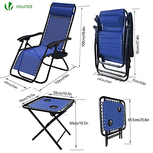 VOUNOT Set de 2 Tumbona Jardín Exterior Plegable con Mesa Auxiliar Portavasos, Silla Reclinable con Reposacabeza Extraíble, Carga Máxima 120KG, Azul