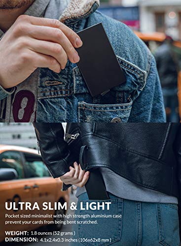 VULKIT Alpha Tarjeteros para Tarjetas Bloqueo de RFID Pop up Automatico Cartera Tarjetero de Aluminio Hombre o Mujer para 5 Tarjetas Negro