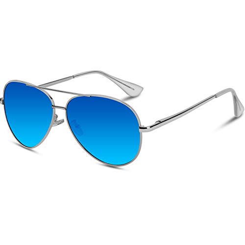 VVA Gafas de sol Hombre Polarizadas Piloto Hombres Piloto Gafas de sol Polarizadas Hombre Unisex Protección UV400 por V101(Azul/Plateado)