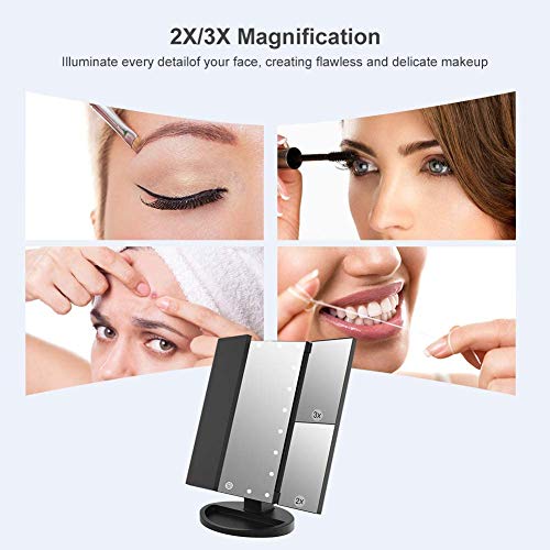 WEILY Espejo de Maquillaje con 21 Luces LED y Lupa 2X/ 3X, Doble Fuente de alimentación Espejos cosméticos con luz LED (Negro)