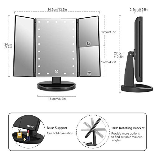 WEILY Espejo de Maquillaje con 21 Luces LED y Lupa 2X/ 3X, Doble Fuente de alimentación Espejos cosméticos con luz LED (Negro)