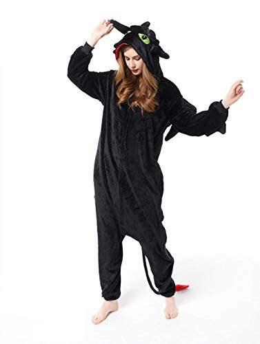 WEIYIing Onesies Adultos cómo Entrenar a tu dragón desdentado Anime Cosplay Disfraz Pijamas de una Pieza Pijamas con Capucha Ropa de Dormir-dragón Negro_SG