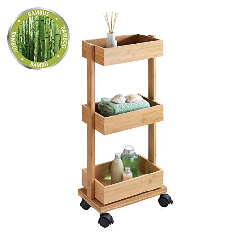 WENKO Estantería Tortona - carrito de baño, estantería con ruedas, Bambú, 18 x 71.5 x 31 cm, Marrón