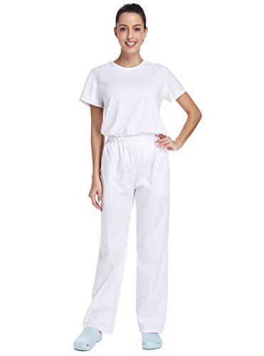 WWOO Damen Hose weiße Schlupfhose Uniformen Hose Bundhose aus Baumwolle mit Gummibund professionelle Materialien Dünnes M