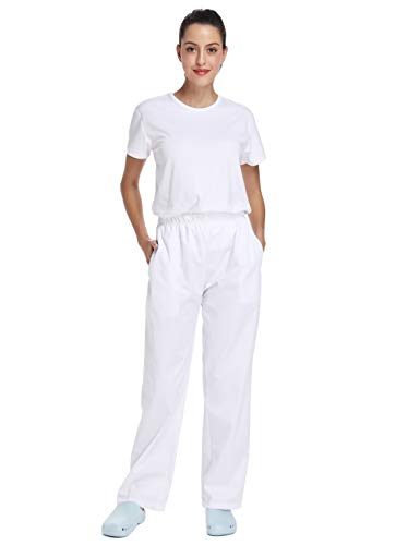 WWOO Pantalones mujer blancos Pantalones de trabajo uniformes Cintura elástica Material profesional suelto Gruesa S