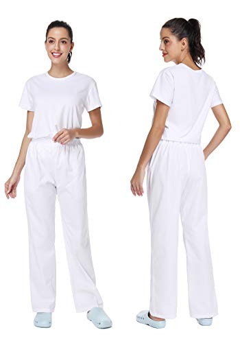 WWOO Pantalones mujer blancos Pantalones de trabajo uniformes Cintura elástica Material profesional suelto Gruesa S