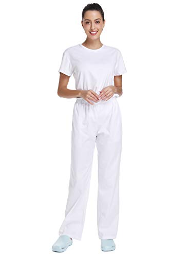 WWOO Pantalones mujer blancos Pantalones de trabajo uniformes Cintura elástica Material profesional suelto Gruesa S