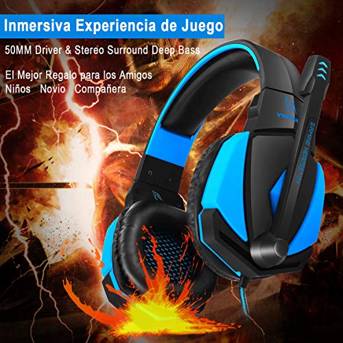 YINSAN Cascos Gaming, Auriculares Premium Stereo con Micrófono, Luz LED y Control Volumen, Diadema Acolchada y Ajustable para PS4/Xbox One X/S/PC/Laptop/Tablet