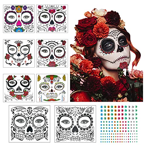 ZERHOK Tatuaje temporale 8pcs Mascarada cráneo gemas mujer para maquillaje en Halloween día de muerto y baile de disfraz para mujer hombre